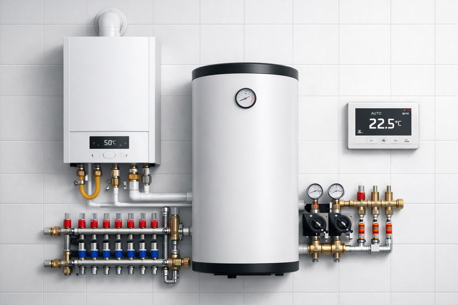 Газовый котёл в котельной частного дома — настенный котёл с бойлером и термостатом