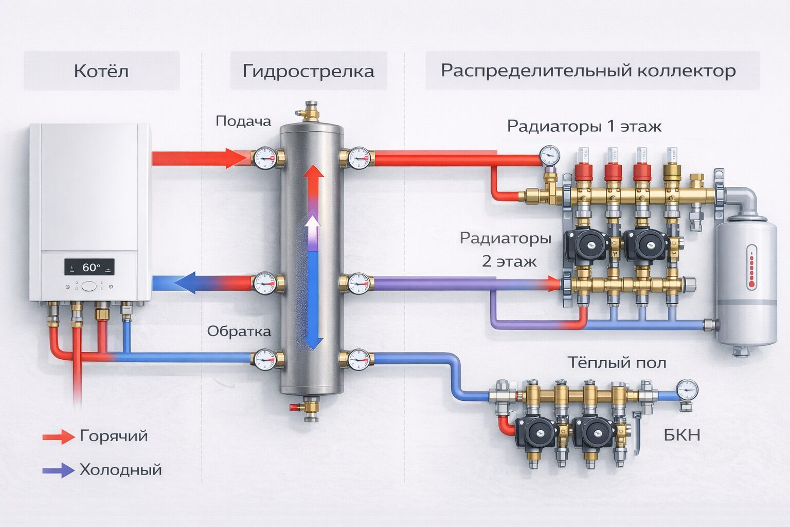 Схема отопления с гидрострелкой и коллектором на 4 контура