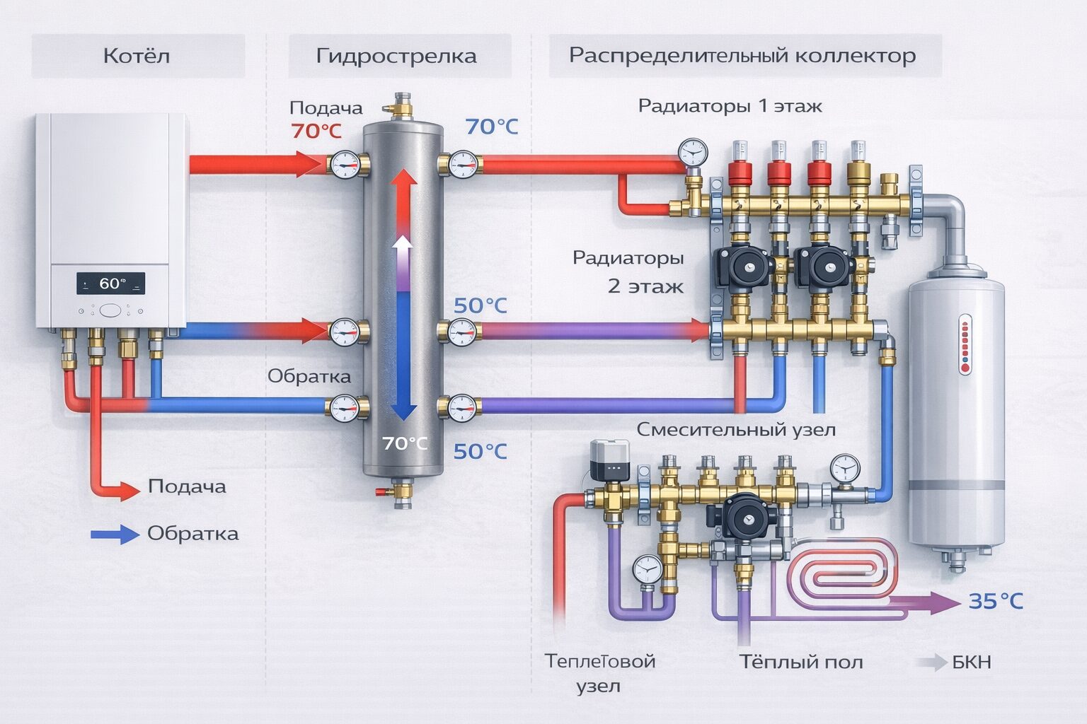 Схема подключения гидрострелки с коллектором — 4 контура отопления