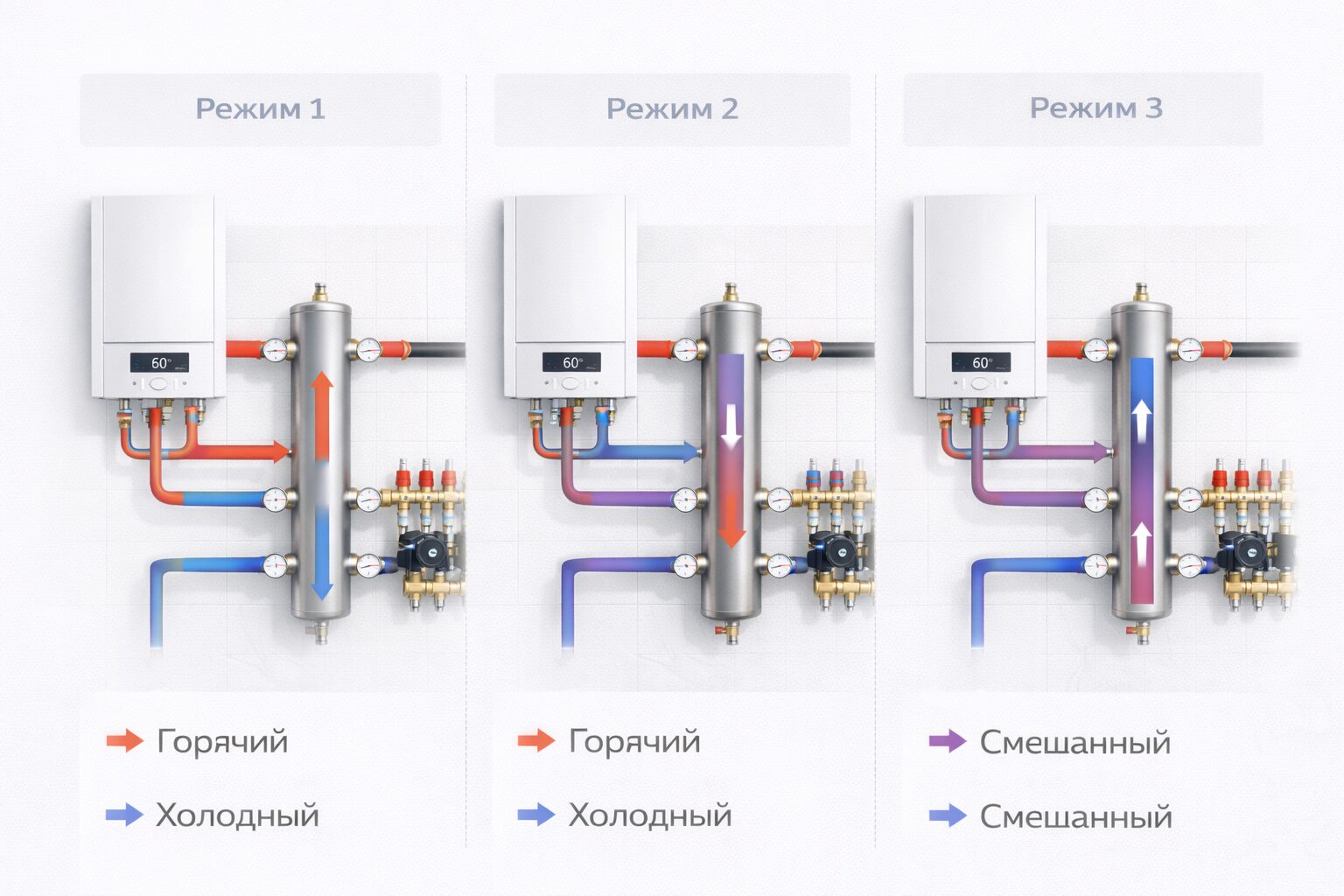 Три режима работы гидрострелки — схема потоков теплоносителя
