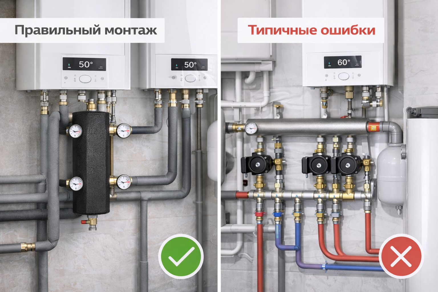 Правильный и неправильный монтаж гидрострелки — сравнение