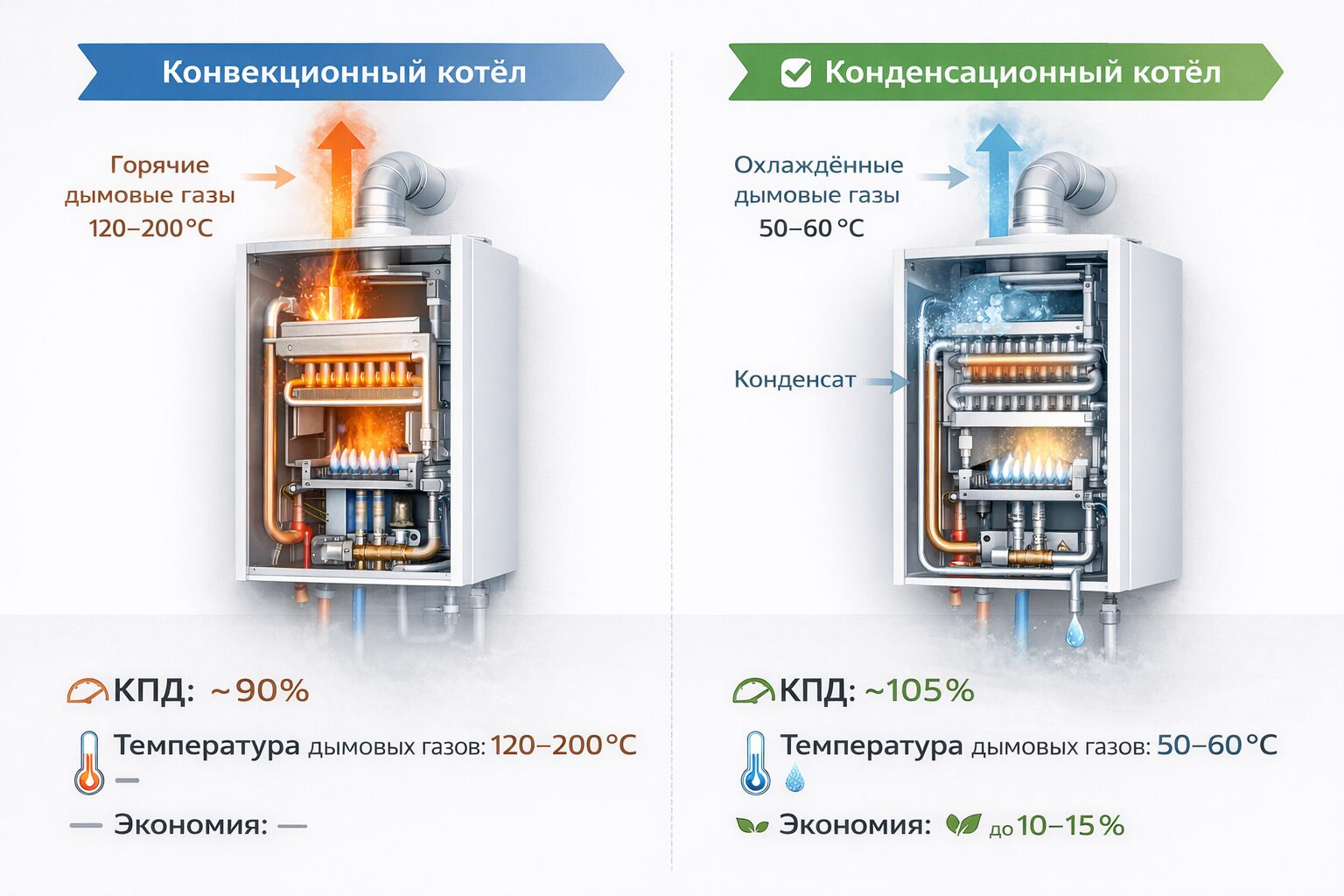 Принцип работы конденсационного и конвекционного газового котла — сравнительная схема