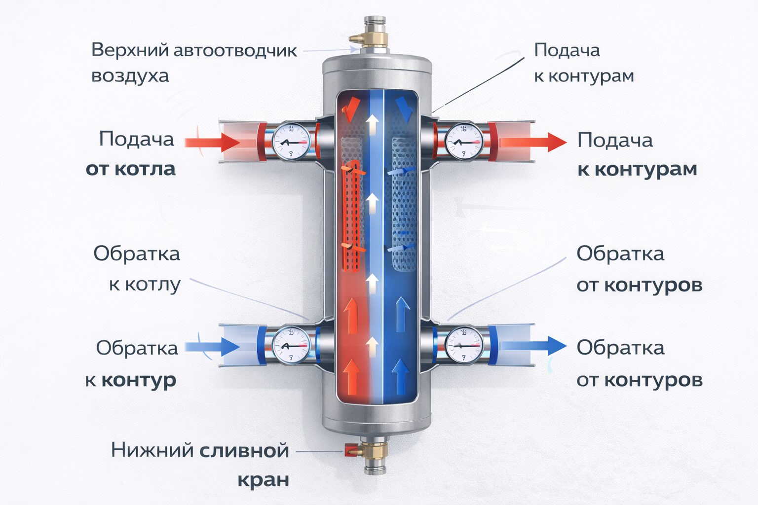 Устройство гидрострелки в разрезе — схема с обозначением патрубков и потоков теплоносителя