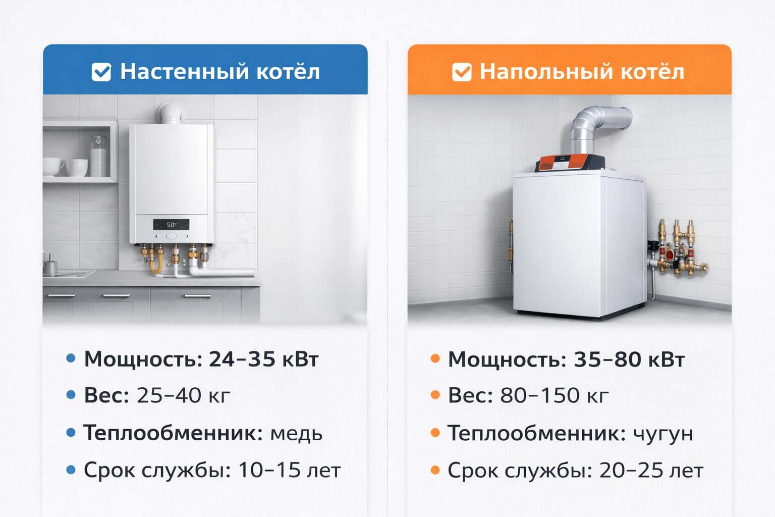 Сравнение настенного и напольного газового котла — инфографика